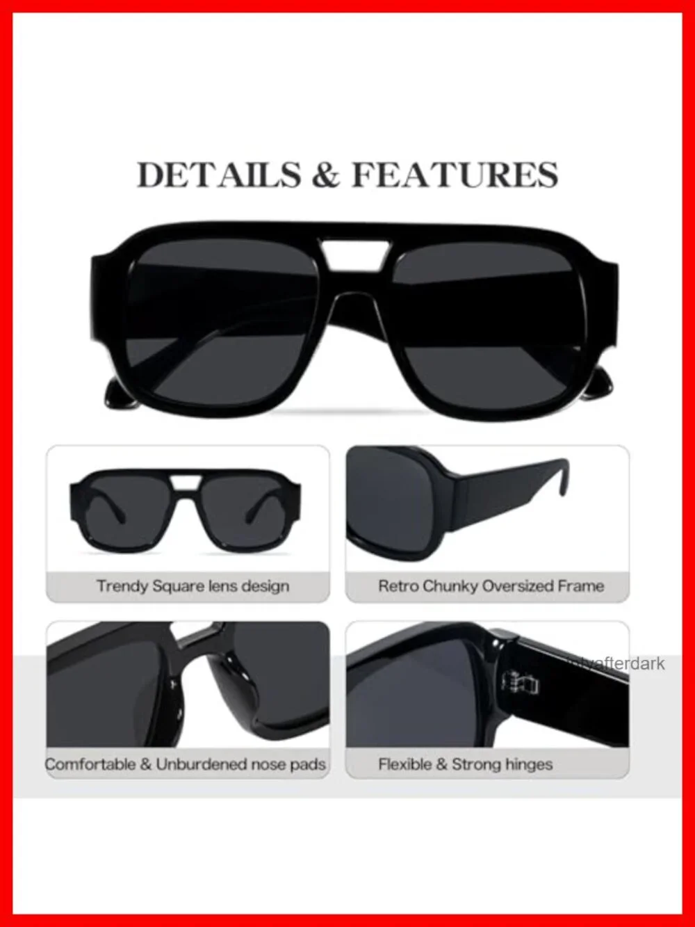 Oversized Square Aviator Sunglasses Retro 70s Chunky Frame UV Protection